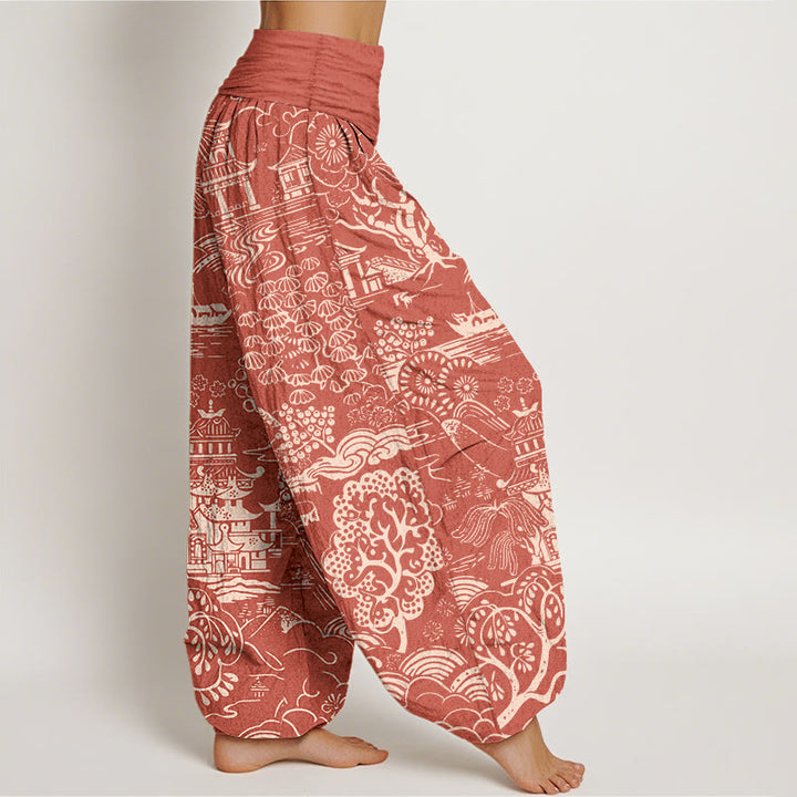 Buddha Stones Pantalones harén de algodón con cintura elástica para mujer, con diseño de nubes y árboles - image 7