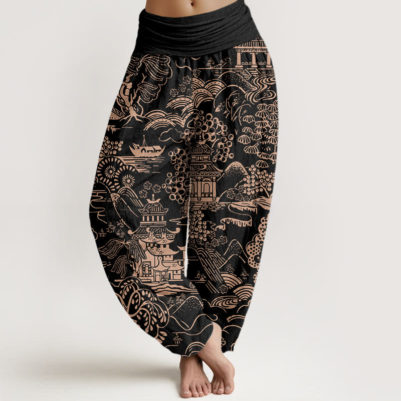 Buddha Stones Pantalones harén de algodón con cintura elástica para mujer, con diseño de nubes y árboles - Negro - US16，UK/AU20，EU48 (3XL) - image 8