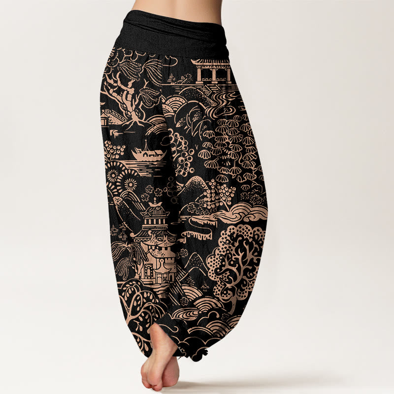 Buddha Stones Pantalones harén de algodón con cintura elástica para mujer, con diseño de nubes y árboles - image 9