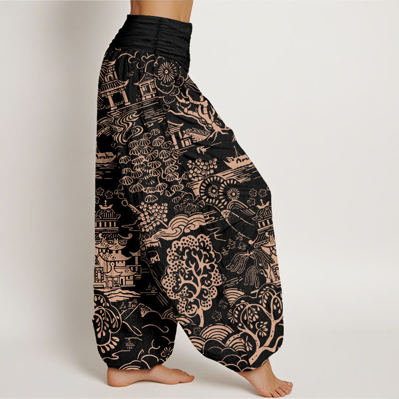 Buddha Stones Pantalones harén de algodón con cintura elástica para mujer, con diseño de nubes y árboles - image 10