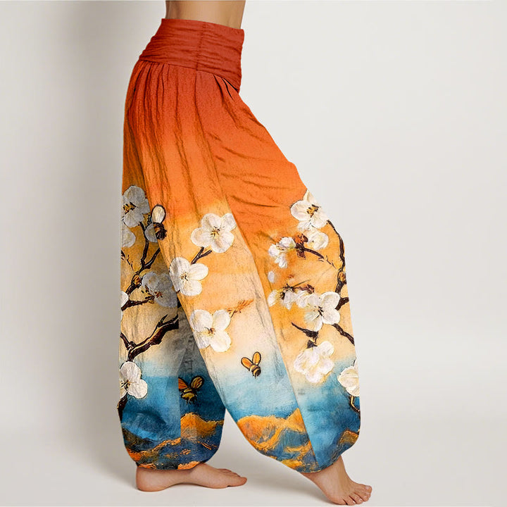 Buddha Stones Pantalones harén de algodón con estampado de flores, mariposas y abejas de colores para mujer, cintura elástica - image 2