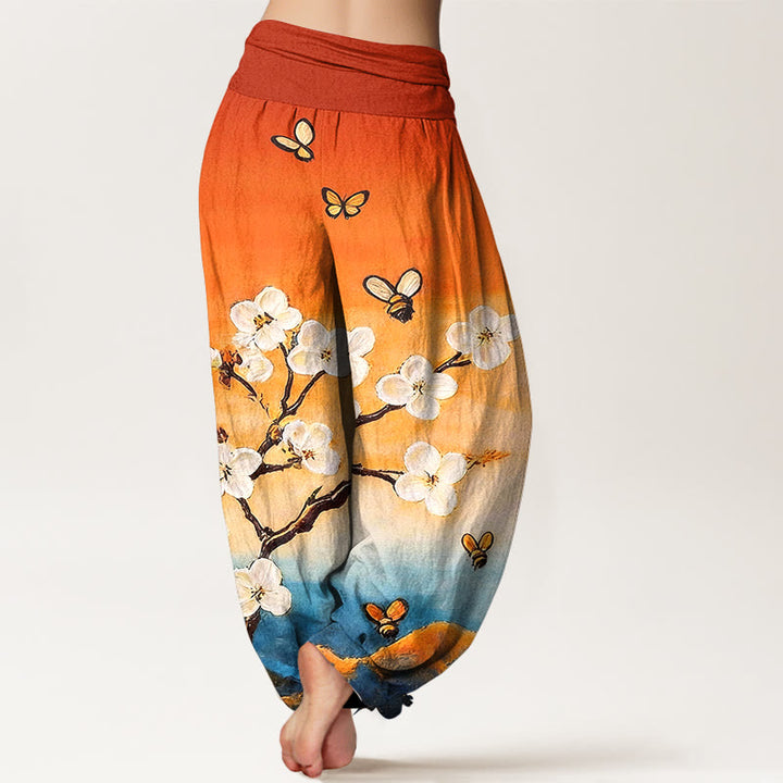 Buddha Stones Pantalones harén de algodón con estampado de flores, mariposas y abejas de colores para mujer, cintura elástica - image 1