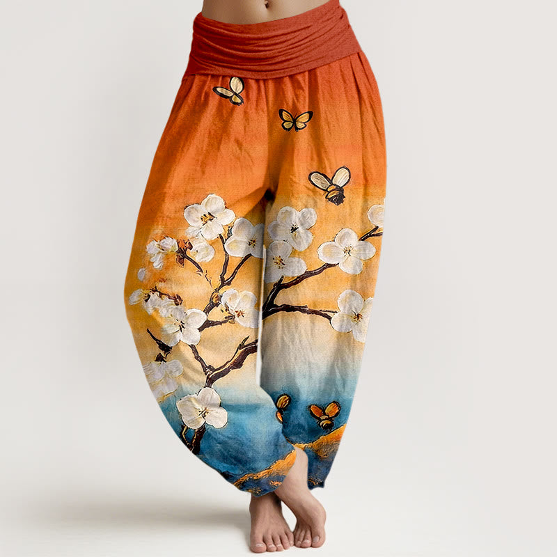 Buddha Stones Pantalones harén de algodón con estampado de flores, mariposas y abejas de colores para mujer, cintura elástica - Naranja oscuro - US16，UK/AU20，EU48 (3XL) - image 0