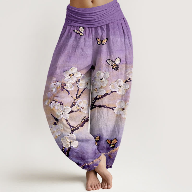 Buddha Stones Pantalones harén de algodón con estampado de flores, mariposas y abejas de colores para mujer, cintura elástica - Morado medio - US16，UK/AU20，EU48 (3XL) - image 5