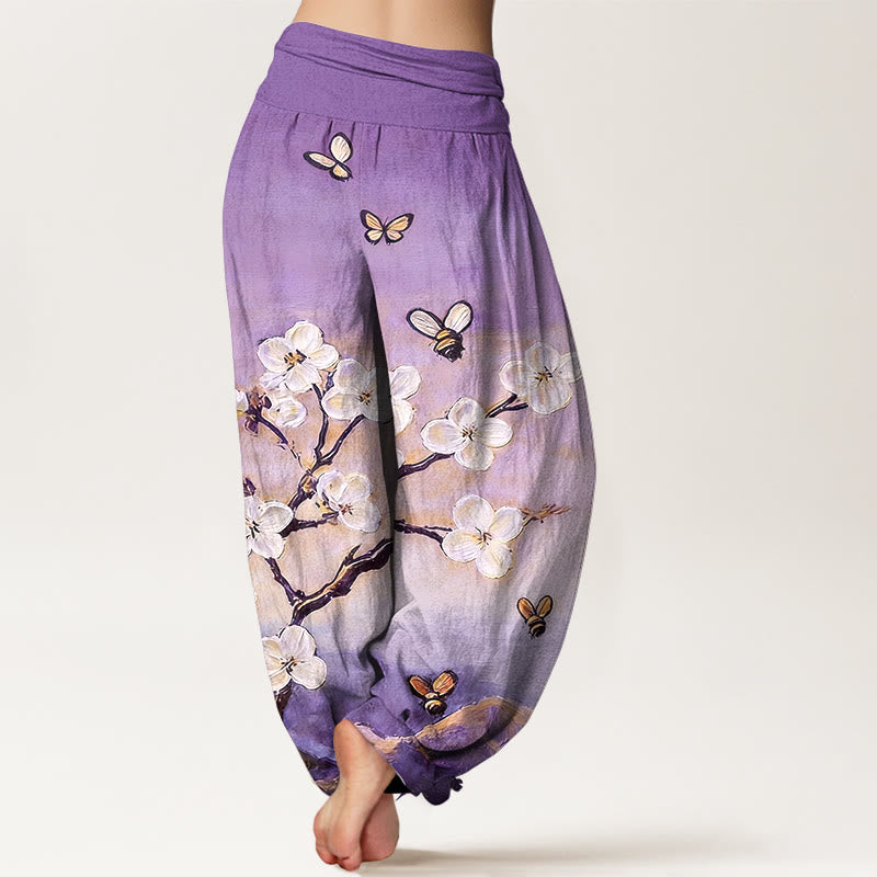 Buddha Stones Pantalones harén de algodón con estampado de flores, mariposas y abejas de colores para mujer, cintura elástica - image 6
