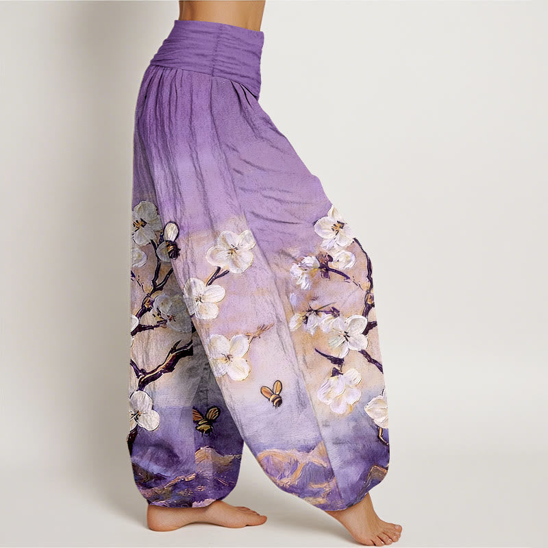Buddha Stones Pantalones harén de algodón con estampado de flores, mariposas y abejas de colores para mujer, cintura elástica - image 7