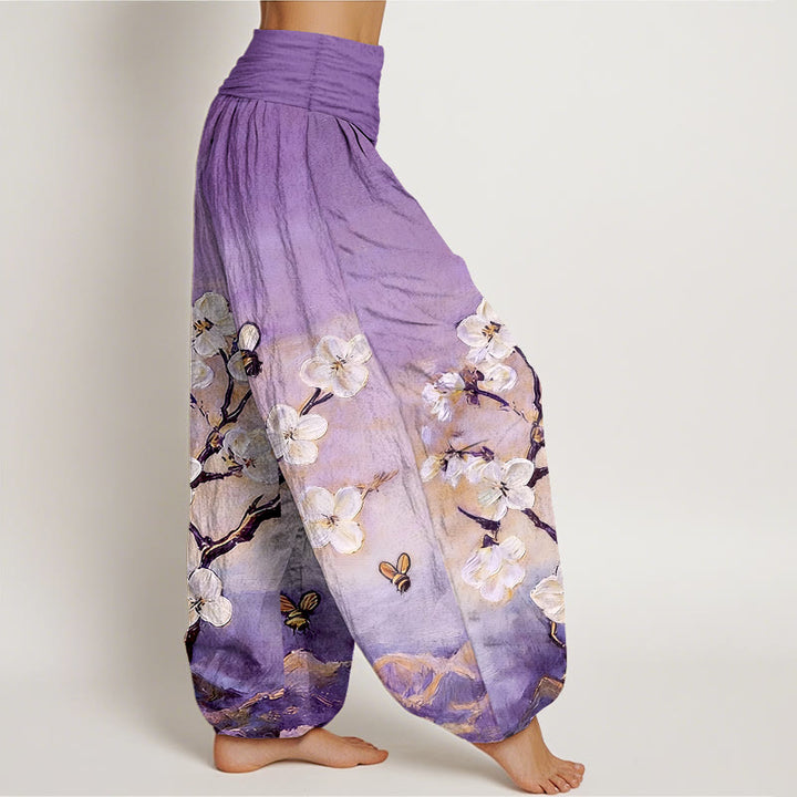 Buddha Stones Pantalones harén de algodón con estampado de flores, mariposas y abejas de colores para mujer, cintura elástica - image 7
