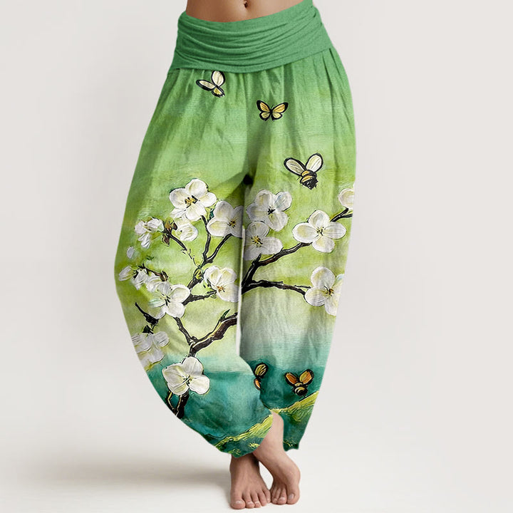 Buddha Stones Pantalones harén de algodón con estampado de flores, mariposas y abejas de colores para mujer, cintura elástica - Primavera verde - US16，UK/AU20，EU48 (3XL) - image 8