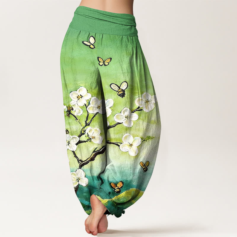 Buddha Stones Pantalones harén de algodón con estampado de flores, mariposas y abejas de colores para mujer, cintura elástica - image 9