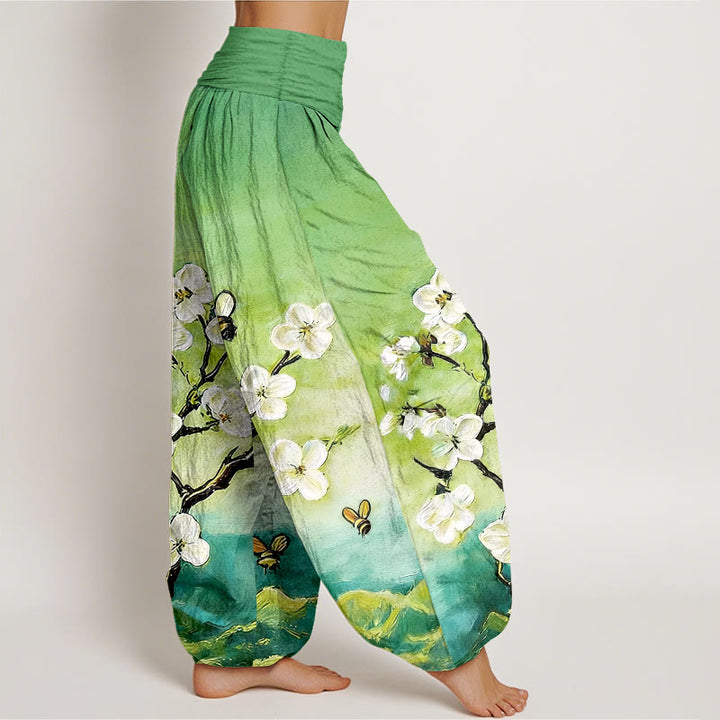 Buddha Stones Pantalones harén de algodón con estampado de flores, mariposas y abejas de colores para mujer, cintura elástica - image 10