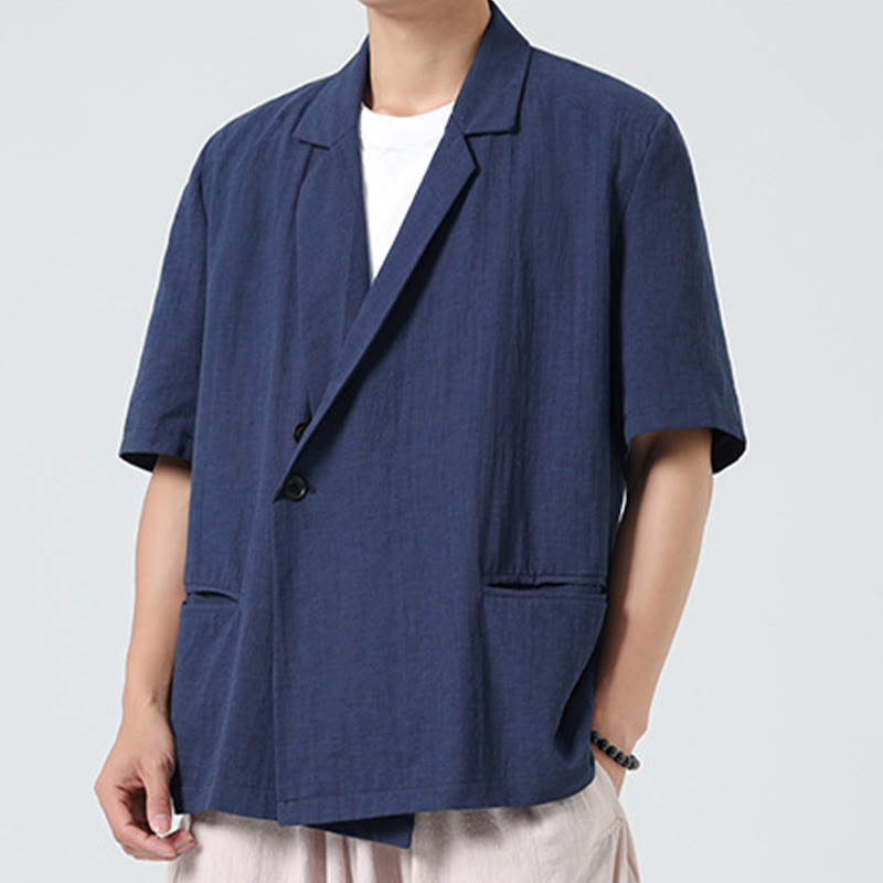 Buddha Stones Camisa de lino y algodón para hombre, de manga corta, asimétrica, con cuello de solapa y bolsillos, de primavera - image 4