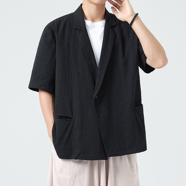 Buddha Stones Camisa de lino y algodón para hombre, de manga corta, asimétrica, con cuello de solapa y bolsillos, de primavera - Negro - US/UK/AU46, EU56 (5XL) - image 8