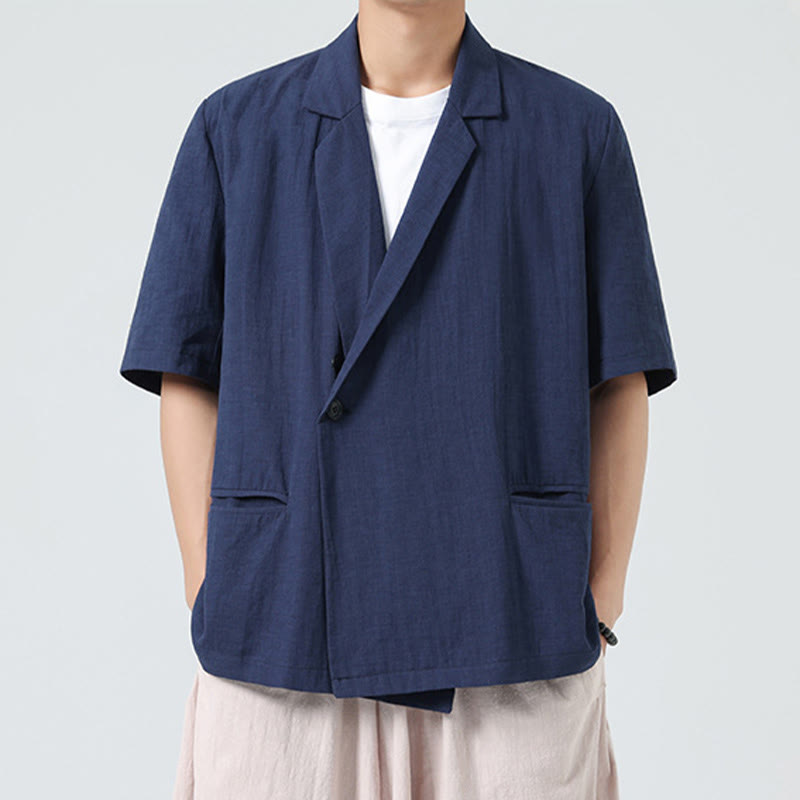 Buddha Stones Camisa de lino y algodón para hombre, de manga corta, asimétrica, con cuello de solapa y bolsillos, de primavera - image 0