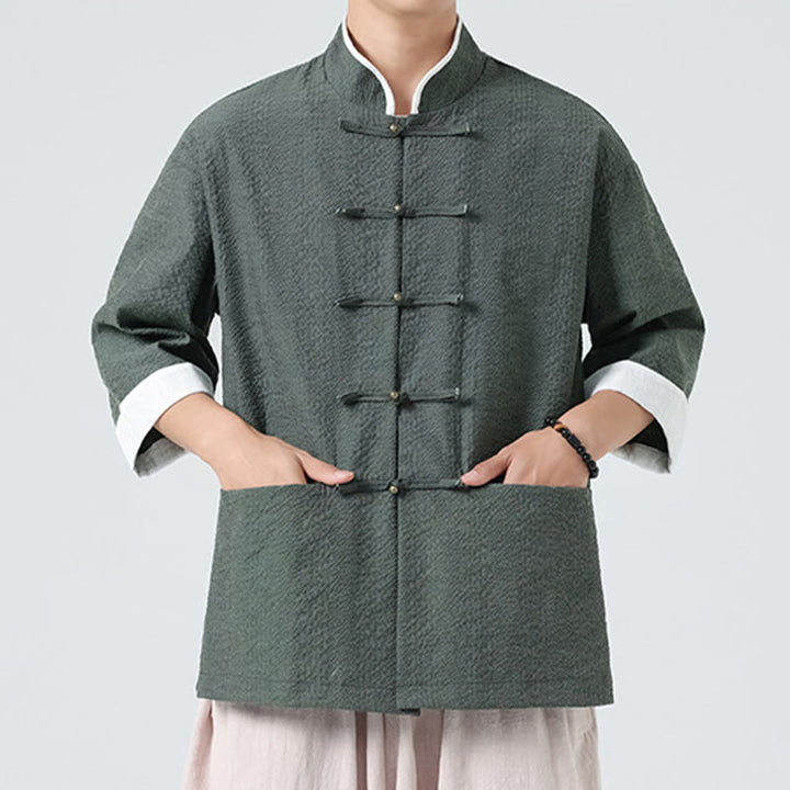 Buddha Stones Camisa de manga tres cuartos para hombre, color liso, con botones y bolsillos, para primavera - image 23