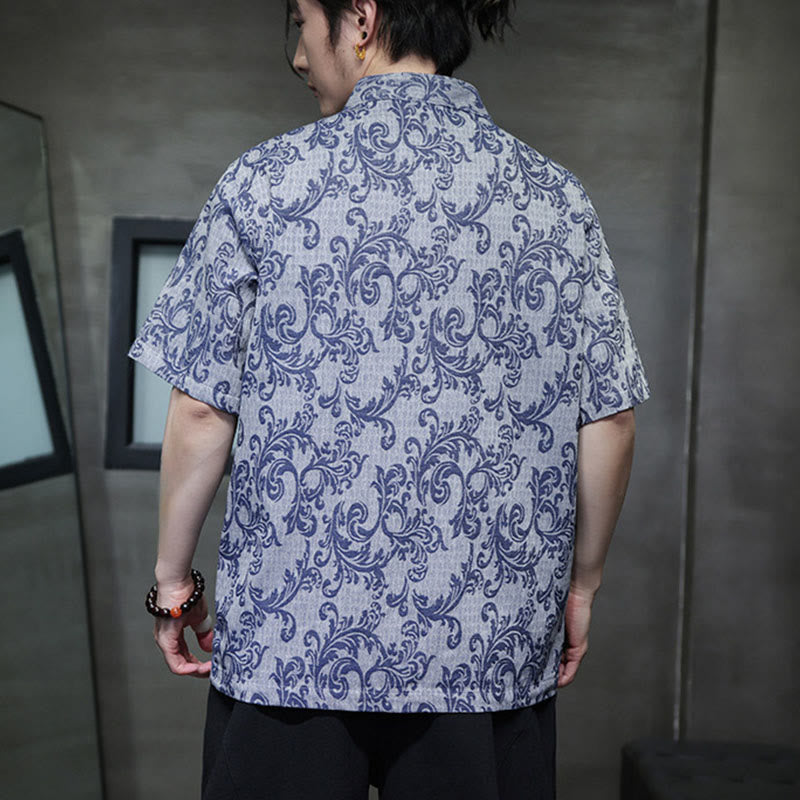 Buddha Stones Camisa de manga corta con botones de rana y bolsillos para hombre con estampado floral de verano - image 1