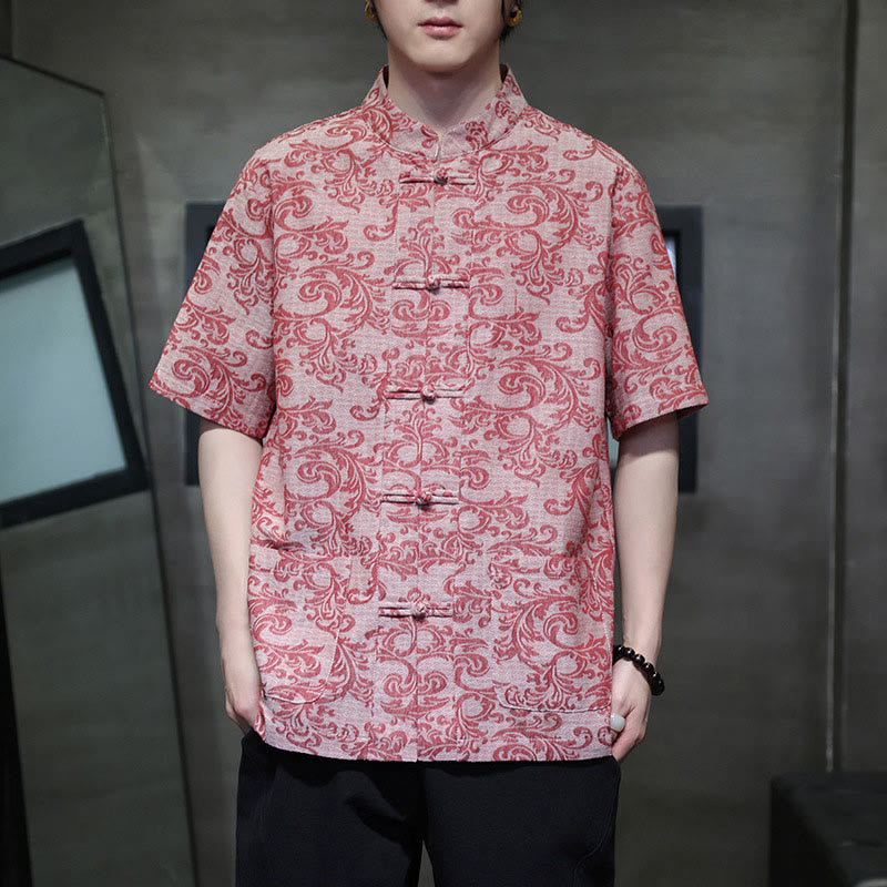 Buddha Stones Camisa de manga corta con botones de rana y bolsillos para hombre con estampado floral de verano - image 18