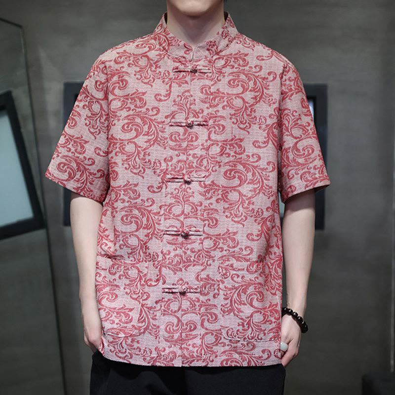 Buddha Stones Camisa de manga corta con botones de rana y bolsillos para hombre con estampado floral de verano - Rosa claro - US/UK/AU44, EU54 (4XL) - image 14