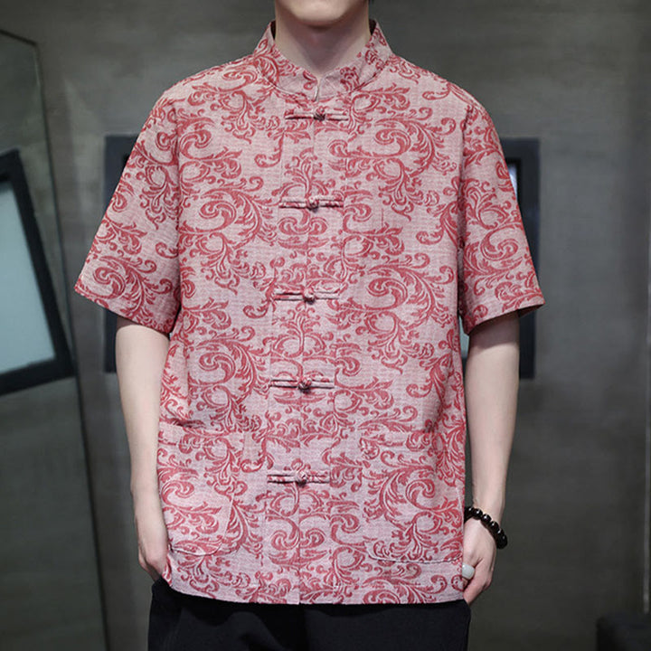 Buddha Stones Camisa de manga corta con botones de rana y bolsillos para hombre con estampado floral de verano - Rosa claro - US/UK/AU44, EU54 (4XL) - image 14