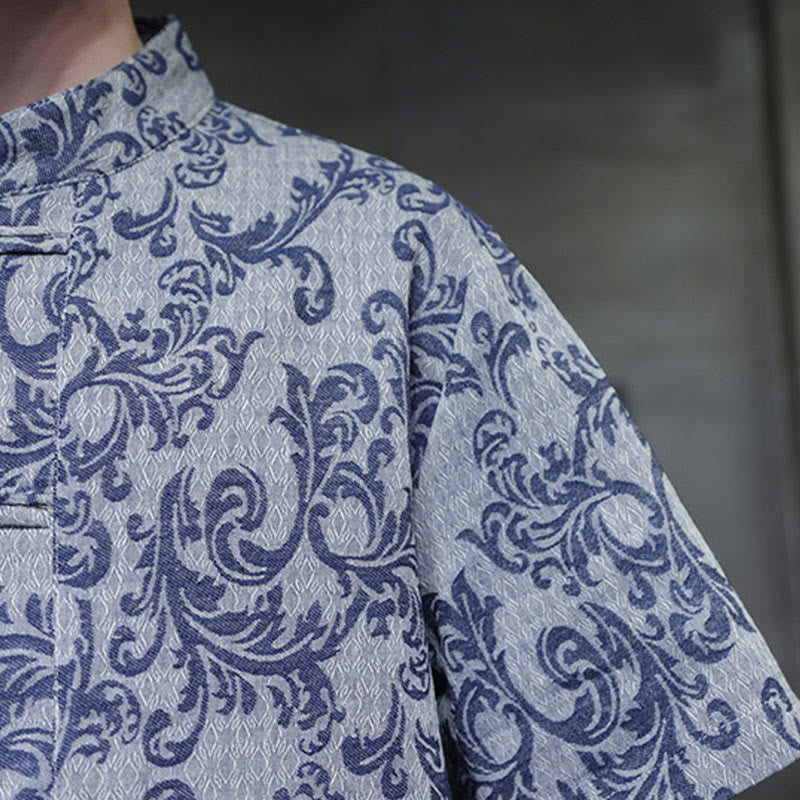 Buddha Stones Camisa de manga corta con botones de rana y bolsillos para hombre con estampado floral de verano - image 11