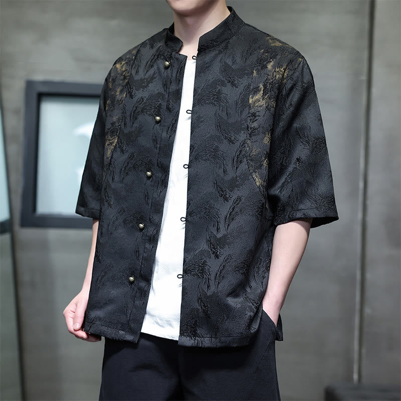 Buddha Stones Camisa de algodón de media manga para hombre con botones y estampado Bagua de jacquard texturizado - image 10
