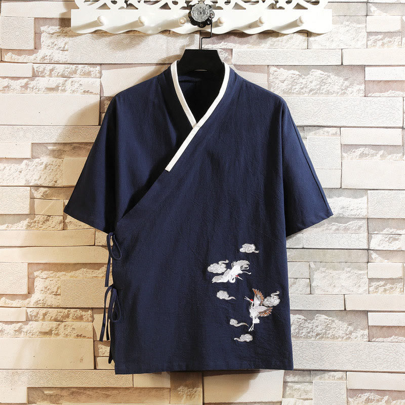 Buddha Stones Chaqueta tipo kimono de algodón para hombre, de manga corta, con estampado de grulla bordada y nubes auspiciosas, con abertura frontal. - Azul medianoche - US/UK/AU46, EU56 (5XL) - image 0