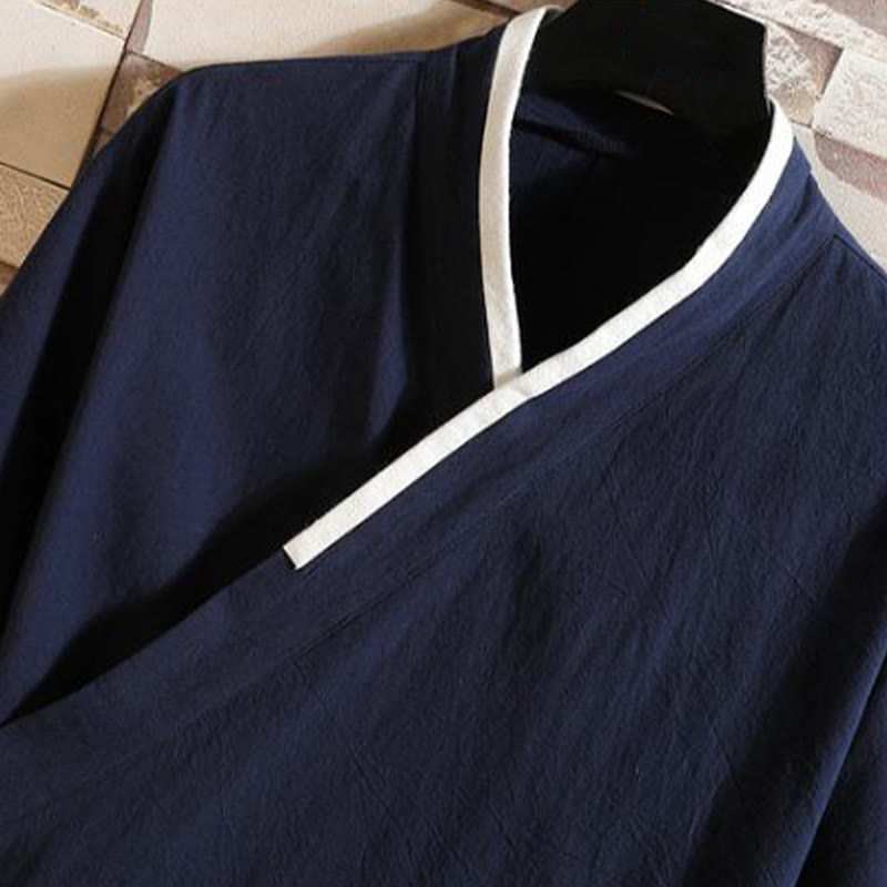 Buddha Stones Chaqueta tipo kimono de algodón para hombre, de manga corta, con estampado de grulla bordada y nubes auspiciosas, con abertura frontal. - image 1