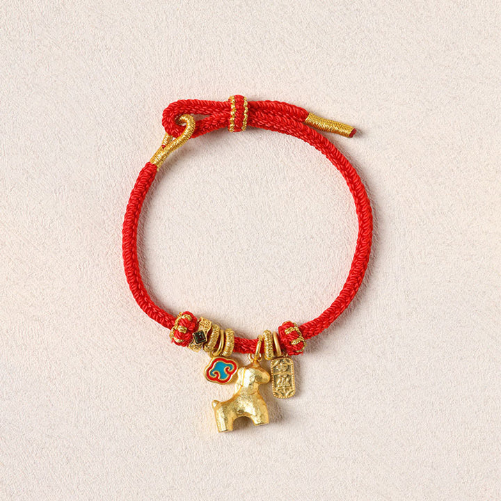 Buddha Stones Pulsera de la suerte de loto con el personaje Fu de hilo rojo de cobre del Año del Caballo - image 1