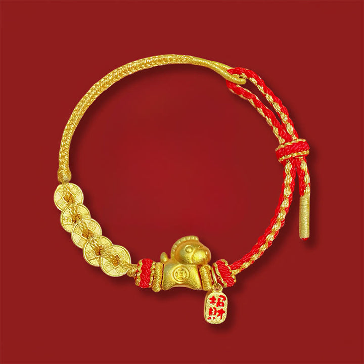 Buddha Stones Pulsera de la suerte con cinco monedas del emperador y hilo rojo del Año del Caballo - Monedas de los Cinco Emperadores para Atraer la Fortuna (Circunferencia de la muñeca: 13-22 cm) - image 0