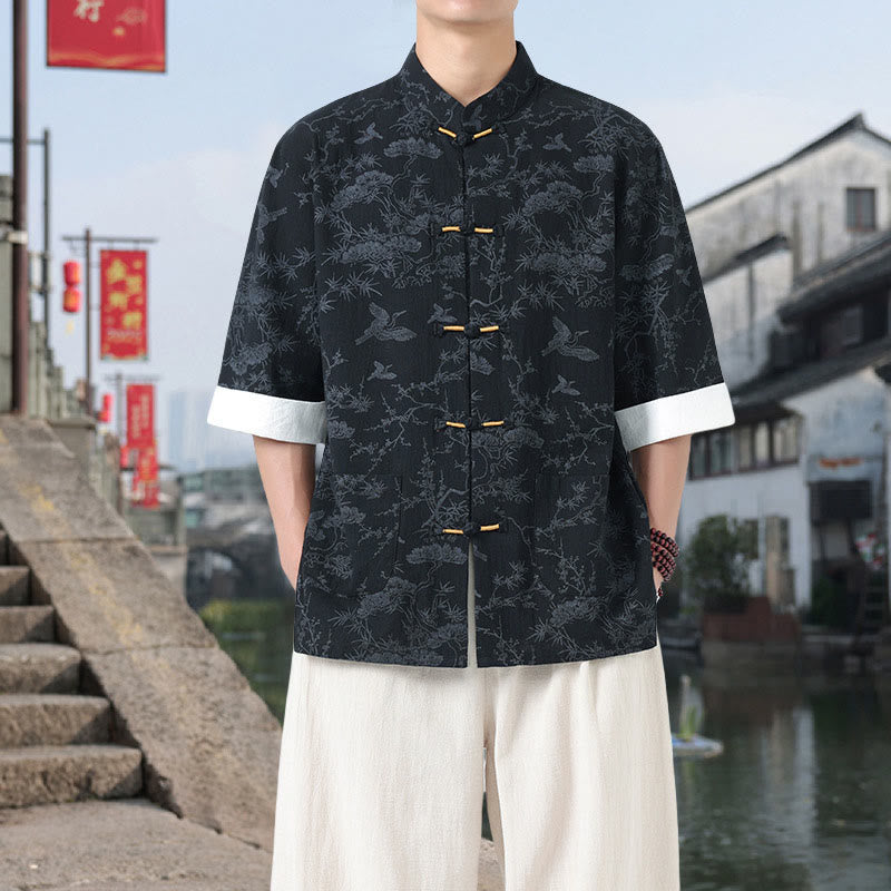 Buddha Stones Camisa de algodón de manga corta con botones de rana y bolsillos para hombre, traje Tang con estampado de grulla de verano y pino. - Negro - US/UK/AU46, EU56 (5XL) - image 0