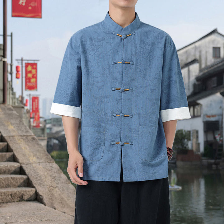 Buddha Stones Camisa de algodón de manga corta con botones de rana y bolsillos para hombre, traje Tang con estampado de grulla de verano y pino. - Azul cielo claro - US/UK/AU46, EU56 (5XL) - image 14