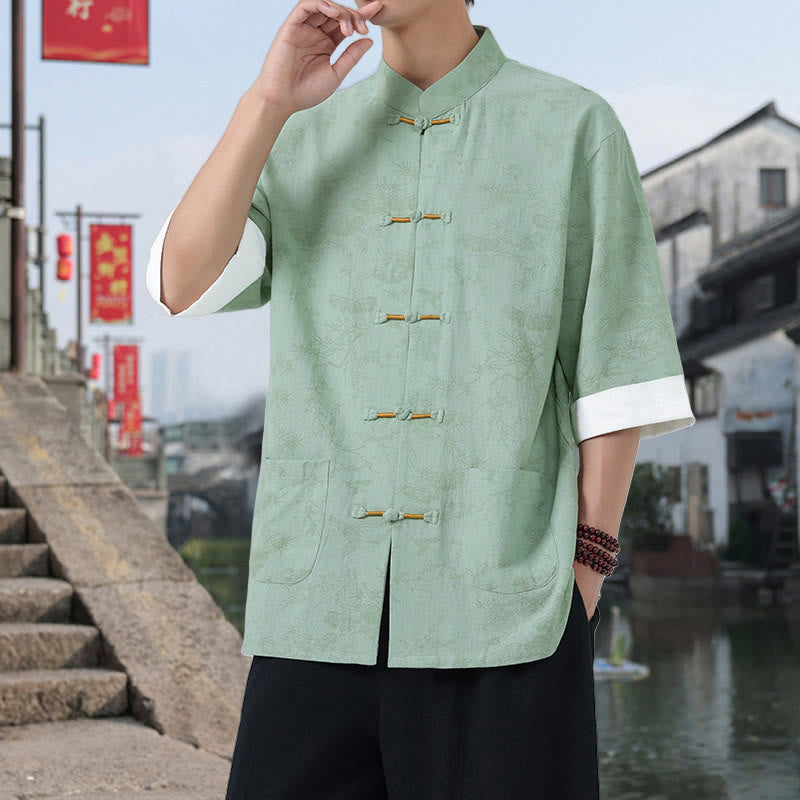 Buddha Stones Camisa de algodón de manga corta con botones de rana y bolsillos para hombre, traje Tang con estampado de grulla de verano y pino. - Verde pálido - US/UK/AU46, EU56 (5XL) - image 12