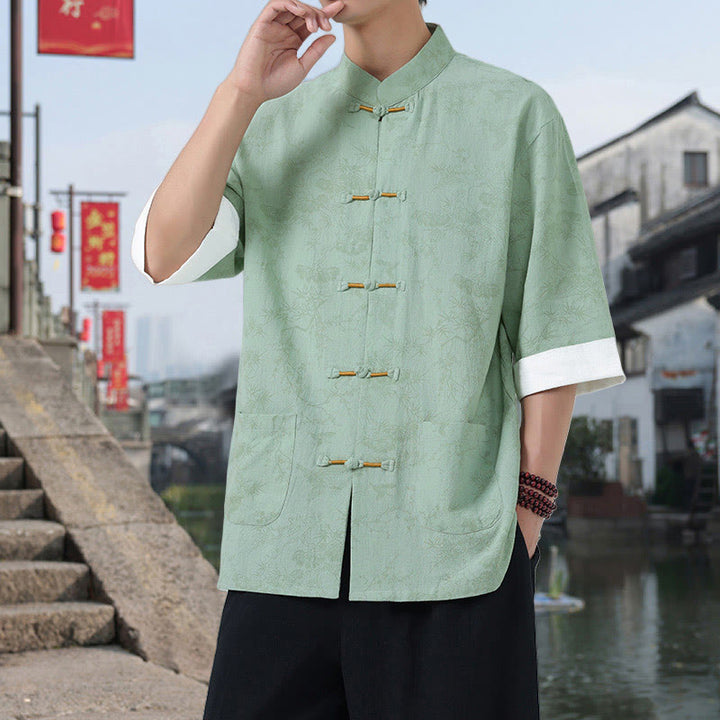 Buddha Stones Camisa de algodón de manga corta con botones de rana y bolsillos para hombre, traje Tang con estampado de grulla de verano y pino. - Verde pálido - US/UK/AU46, EU56 (5XL) - image 12