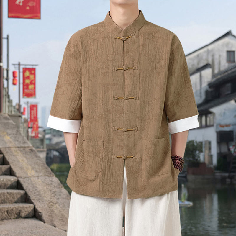 Buddha Stones Camisa de algodón de manga corta con botones de rana y bolsillos para hombre, traje Tang con estampado de grulla de verano y pino. - image 10