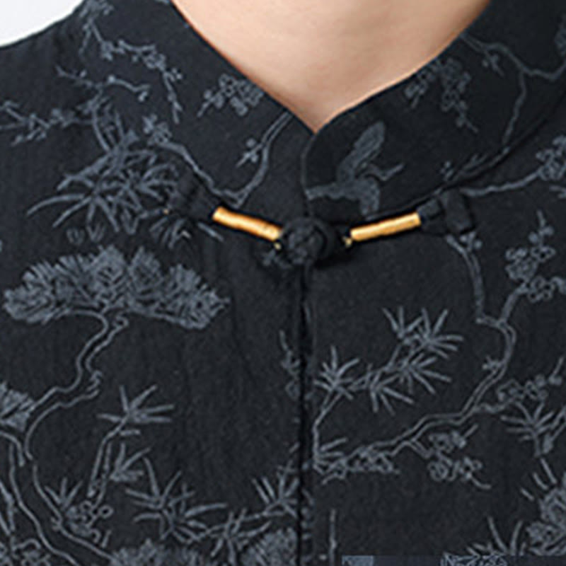 Buddha Stones Camisa de algodón de manga corta con botones de rana y bolsillos para hombre, traje Tang con estampado de grulla de verano y pino. - image 3