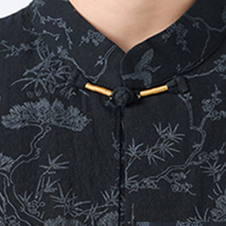 Buddha Stones Camisa de algodón de manga corta con botones de rana y bolsillos para hombre, traje Tang con estampado de grulla de verano y pino. - image 3