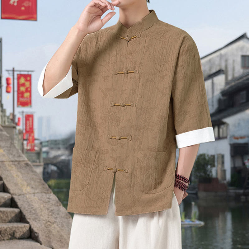 Buddha Stones Camisa de algodón de manga corta con botones de rana y bolsillos para hombre, traje Tang con estampado de grulla de verano y pino. - image 11