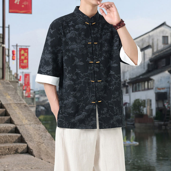 Buddha Stones Camisa de algodón de manga corta con botones de rana y bolsillos para hombre, traje Tang con estampado de grulla de verano y pino. - image 2