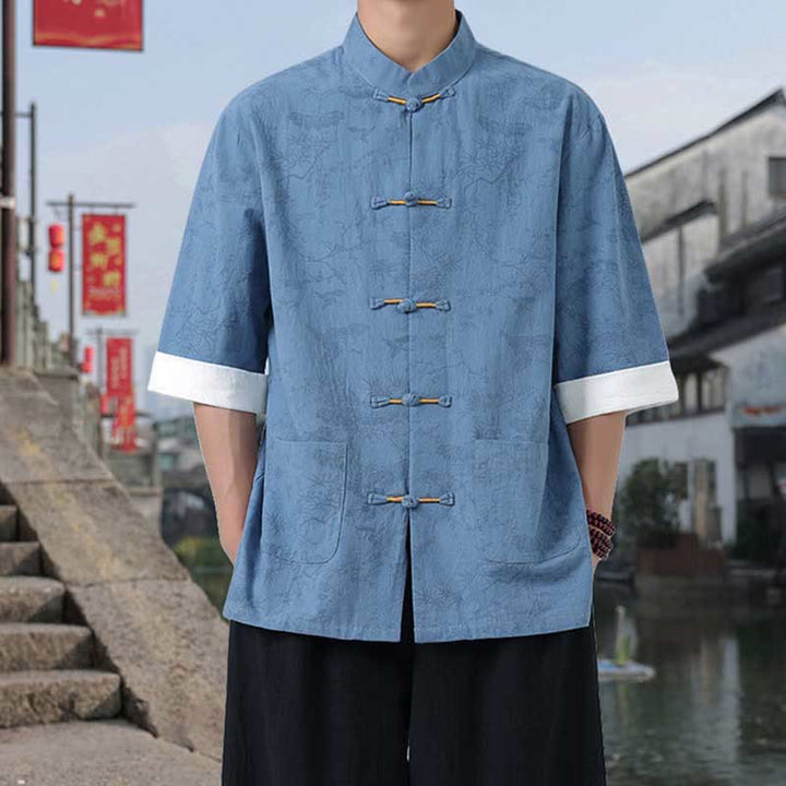 Buddha Stones Camisa de algodón de manga corta con botones de rana y bolsillos para hombre, traje Tang con estampado de grulla de verano y pino. - image 16