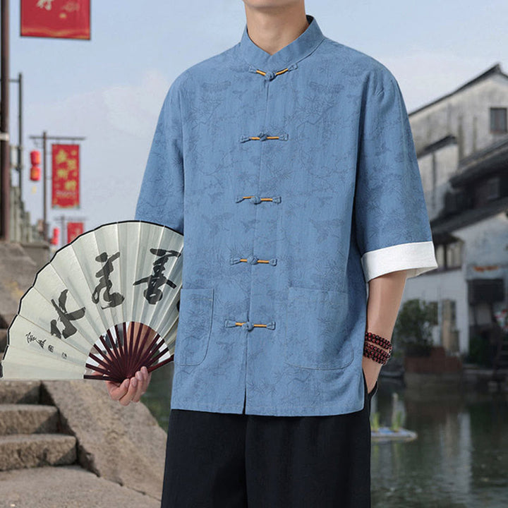 Buddha Stones Camisa de algodón de manga corta con botones de rana y bolsillos para hombre, traje Tang con estampado de grulla de verano y pino. - image 15