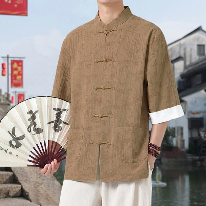 Buddha Stones Camisa de algodón de manga corta con botones de rana y bolsillos para hombre, traje Tang con estampado de grulla de verano y pino. - image 8