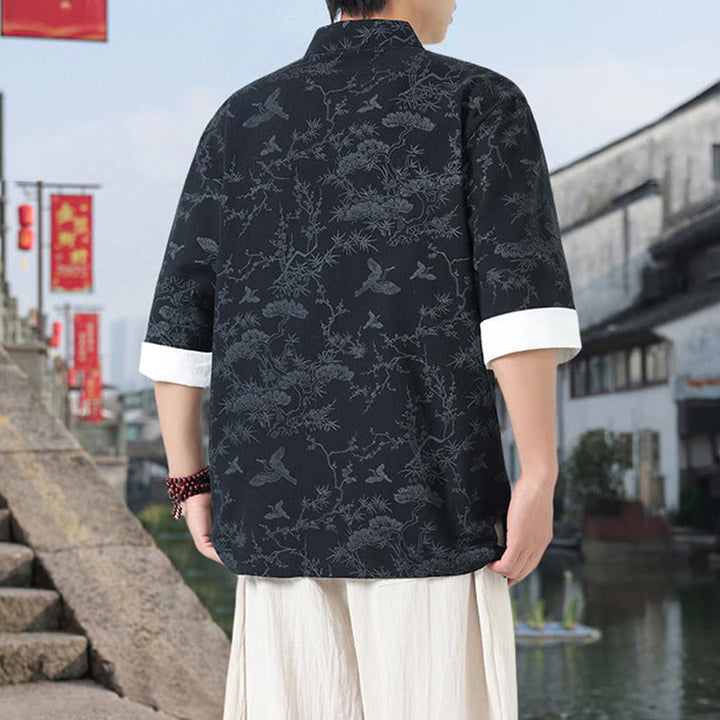 Buddha Stones Camisa de algodón de manga corta con botones de rana y bolsillos para hombre, traje Tang con estampado de grulla de verano y pino. - image 1