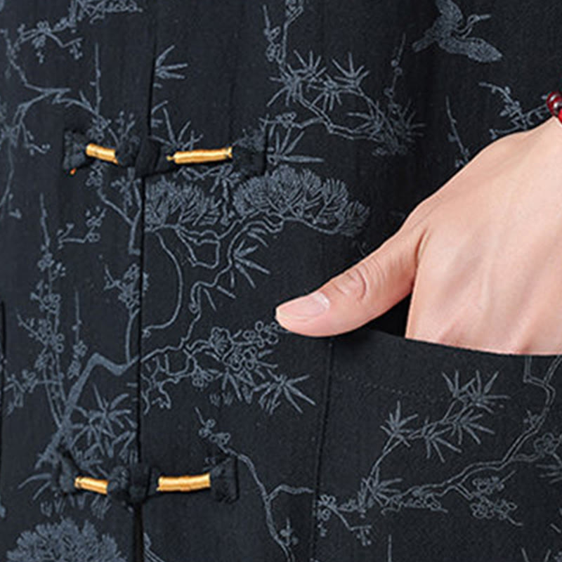 Buddha Stones Camisa de algodón de manga corta con botones de rana y bolsillos para hombre, traje Tang con estampado de grulla de verano y pino. - image 4