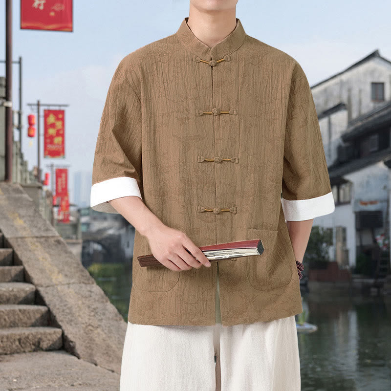 Buddha Stones Camisa de algodón de manga corta con botones de rana y bolsillos para hombre, traje Tang con estampado de grulla de verano y pino. - image 9