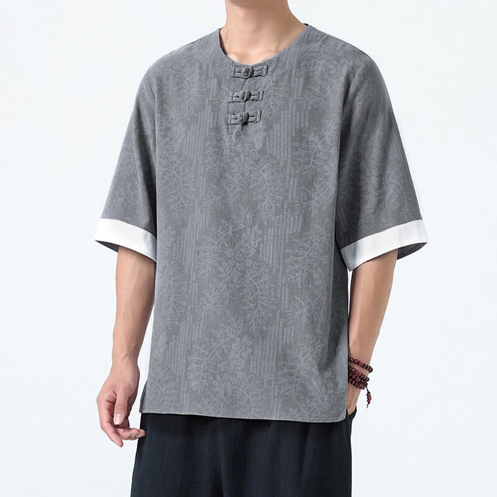 Buddha Stones Camisa de algodón de media manga con botones de rana para hombre con estampado de flores de verano y hierba - Gris claro - US/UK/AU46, EU56 (5XL) - image 3