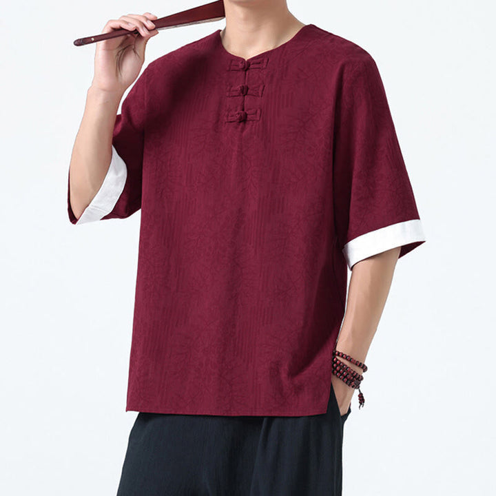 Buddha Stones Camisa de algodón de media manga con botones de rana para hombre con estampado de flores de verano y hierba - Granate - US/UK/AU46, EU56 (5XL) - image 14