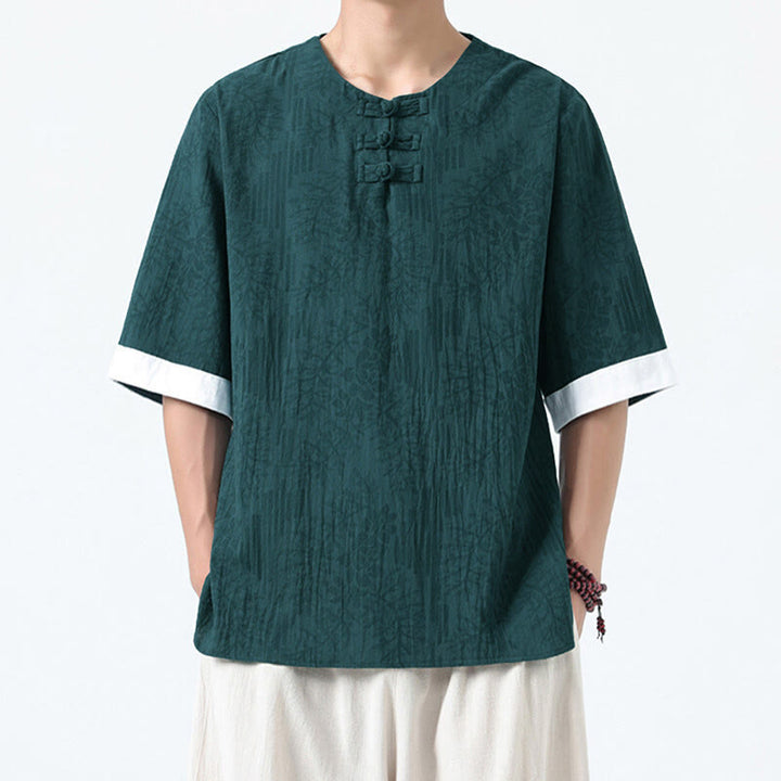 Buddha Stones Camisa de algodón de media manga con botones de rana para hombre con estampado de flores de verano y hierba - Cian oscuro - US/UK/AU46, EU56 (5XL) - image 0