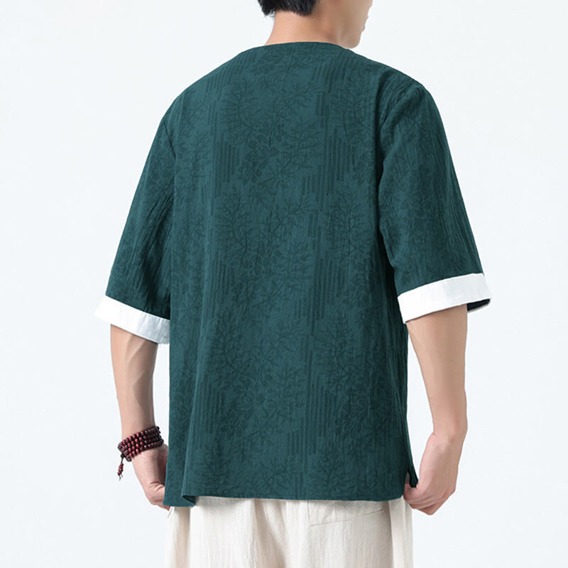 Buddha Stones Camisa de algodón de media manga con botones de rana para hombre con estampado de flores de verano y hierba - image 2