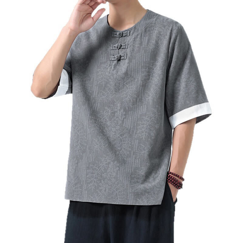 Buddha Stones Camisa de algodón de media manga con botones de rana para hombre con estampado de flores de verano y hierba - image 6