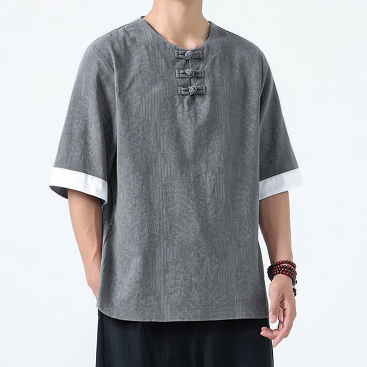 Buddha Stones Camisa de algodón de media manga con botones de rana para hombre con estampado de flores de verano y hierba - image 5