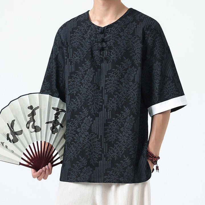 Buddha Stones Camisa de algodón de media manga con botones de rana para hombre con estampado de flores de verano y hierba - image 12